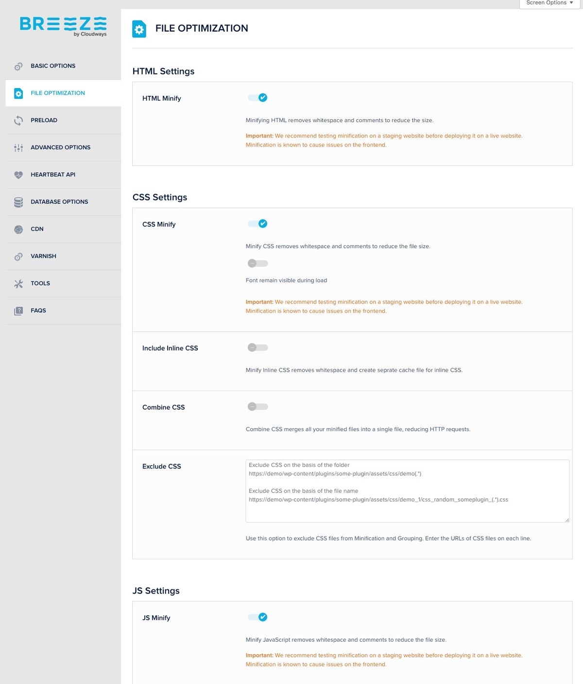 cloudways breeze caching plugin minification